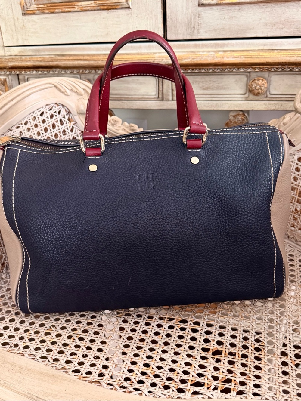 CH Carolina Herrera Large Andy Boston Bag in Aubergine, Tan and Red
